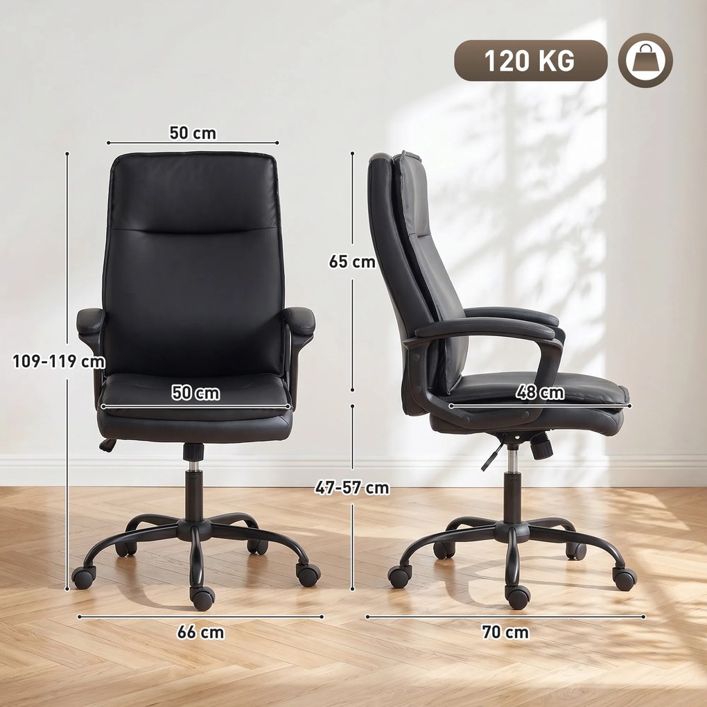 HOMCOM Scaun de Birou Rotativ din Piele PU, Funcție Legănare, Spătar Înalt, Reglabil pe Înălțime, Suportă 120 kg, Negru | Aosom Romania