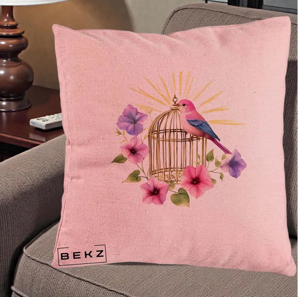 Perna Decorativa Pasare Roz pe Colivie Aurie cu Flori, 40x40 cm, Roz, Husa Detasabila, Perna Inclusa, BEKZ®