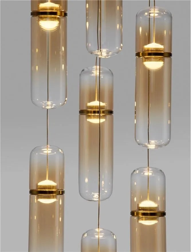 Lustra moderna cu 7 pendule LED, Metal, Auriu, Sticla, Amber, Norma