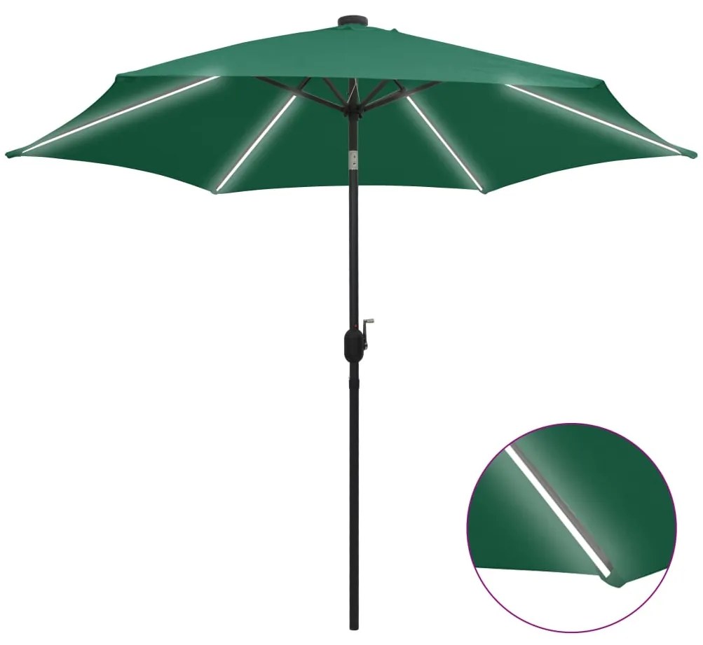 vidaXL Umbrelă de soare cu LED-uri, stâlp din aluminiu, verde, 300 cm