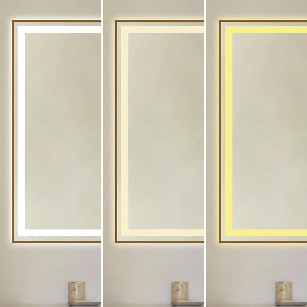 Oglindă LED Dreptunghiulară (100x80 cm), 3 Moduri Iluminare (Lumină Rece, Naturală, Caldă), Intensitate Reglabilă, Funcție Dezaburire, Ceas (Timer) și Termometru, Ramă Aluminiu, Control Tactil (Touch)