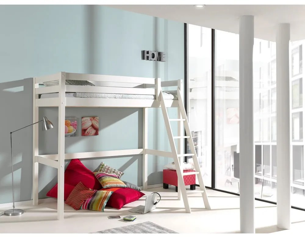 Pat pentru copii alb înalt din lemn masiv de pin cu spațiu de depozitare 90x200 cm PINO – Vipack