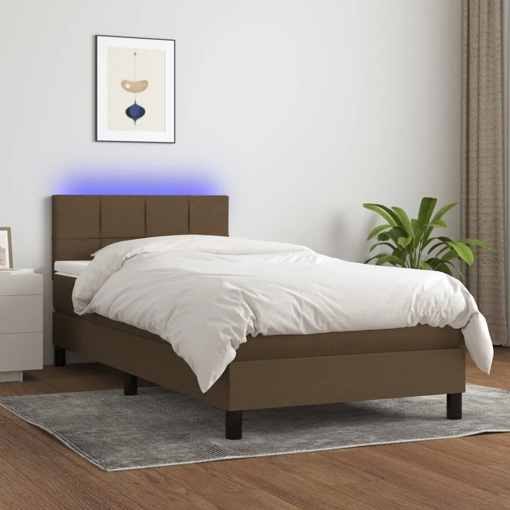 3133112 vidaXL Pat cu arcuri, saltea și LED, maro închis, 80x200 cm, textil