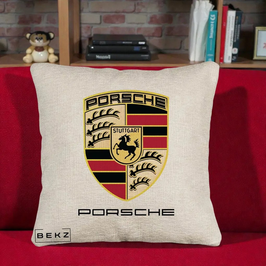 Perna Personalizata Porsche Stuttgart, 40x40 cm, Bej Canapea, Husa Detasabila, Perna Inclusa, BEKZ®