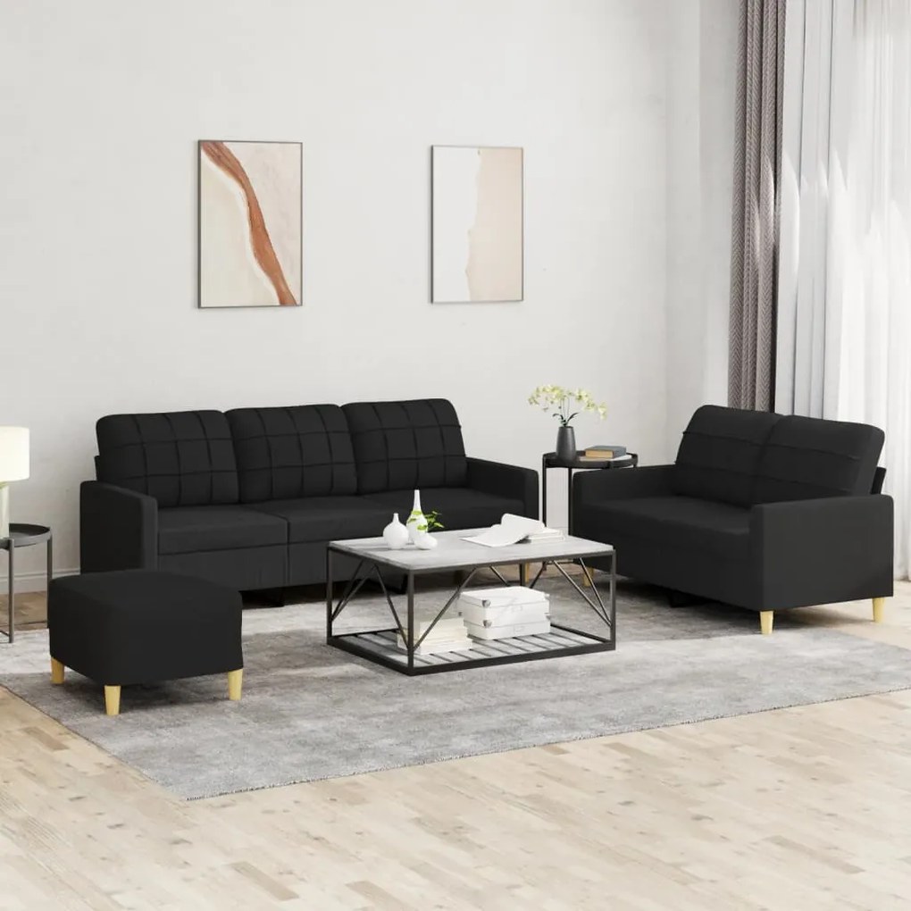 3201318 vidaXL Set de canapele cu perne, 3 piese, negru, textil