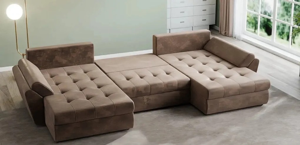 Colțar extensibil dumonde cu ladă de depozitare si sezut confortabil din spuma high-density, Loana U Madagaskar Brown 355x185 cm