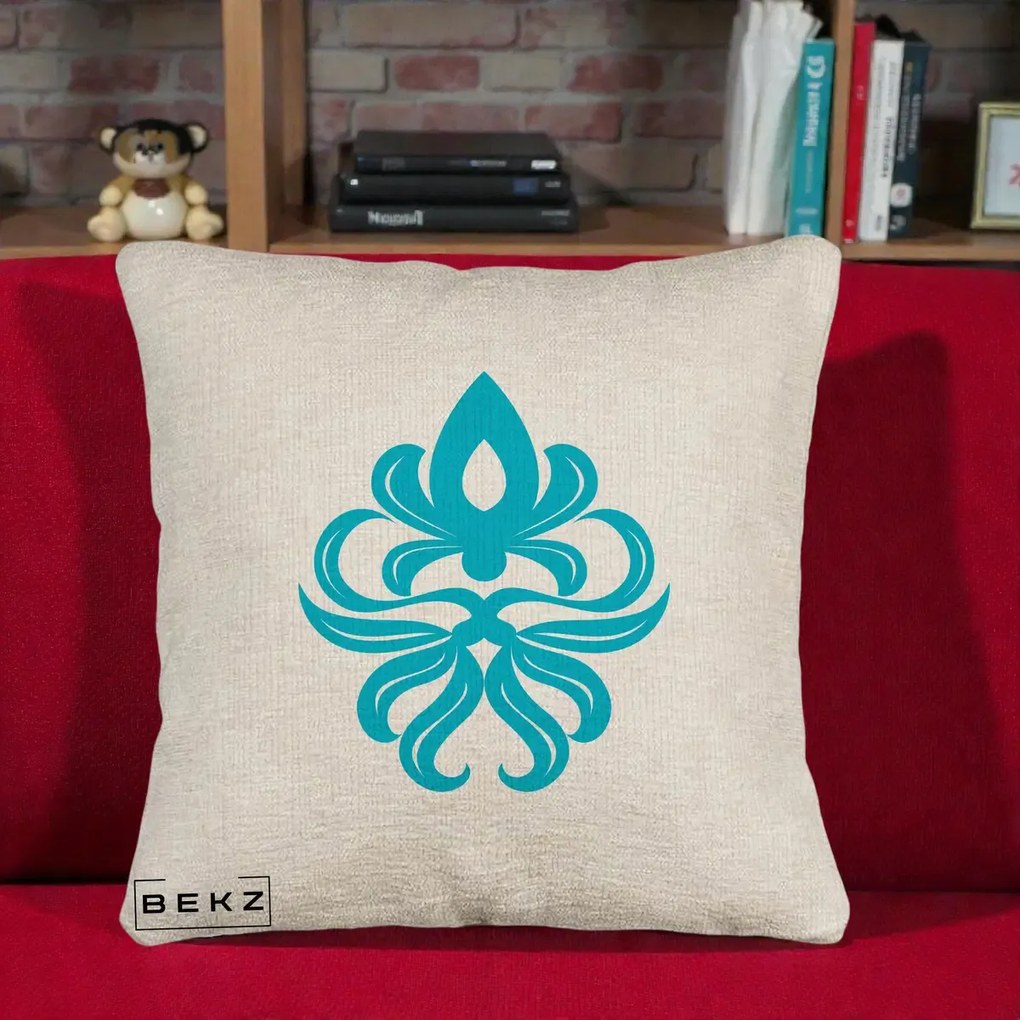 Perna Decorativa Ornament Turcoaz Fleur de Lis, 40x40 cm, Bej Canapea, Husa Detasabila, Perna Inclusa, BEKZ®
