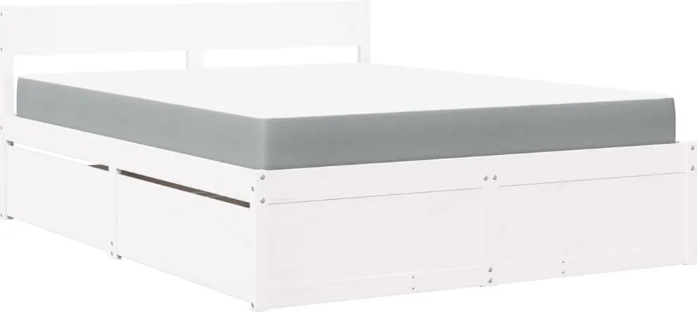 vidaXL Pat cu sertare și saltea, alb, 160x200 cm, lemn masiv pin