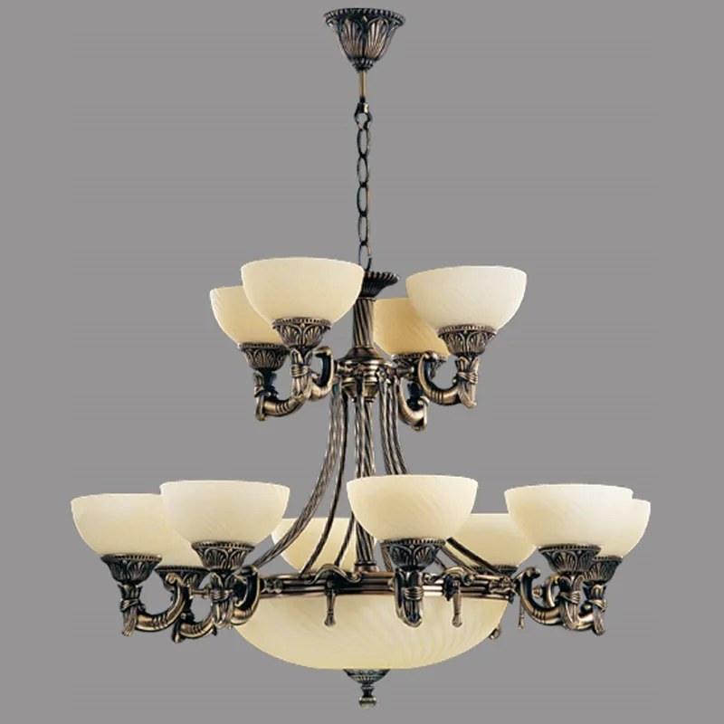 Candelabru Omega cu 12 Brate, Desing Clasic, Finisaj Bronz Antic, Abajur Crem - Bussy Lighting 3035-52-12A