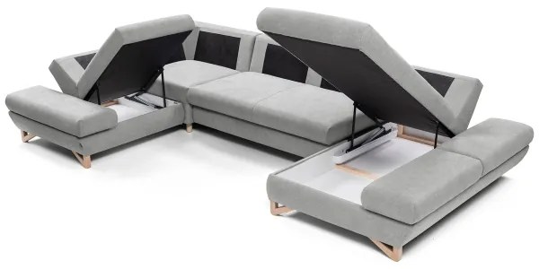 Colțar tapițat extensibil AVESTA, tip U, gri, cu spațiu de depozitare