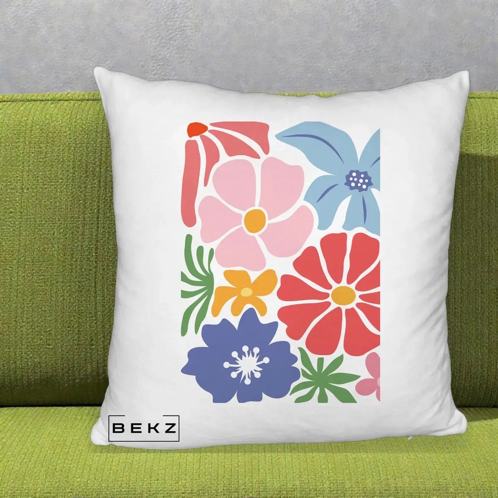 Perna Decorativa Flori Grafice Roz-Rosu-Albastru, 40x40 cm, Alb Pufos, Husa Detasabila, Perna Inclusa, BEKZ®