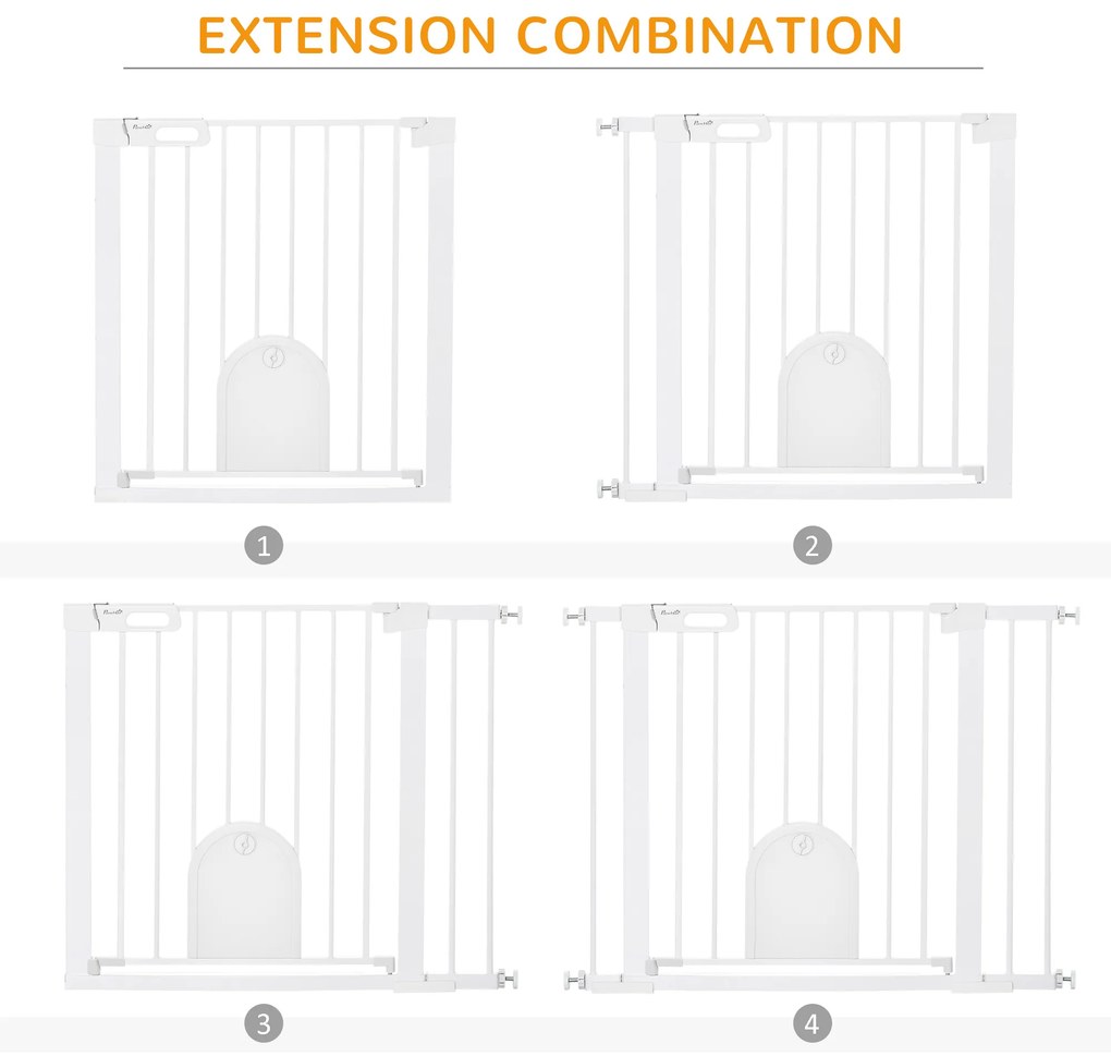 PawHut Barieră Reglabilă pentru Câini cu Ușă Mică, Montare prin Presiune și Închidere Automată, Dimensiune 75-103x76 cm, Alb | Aosom România