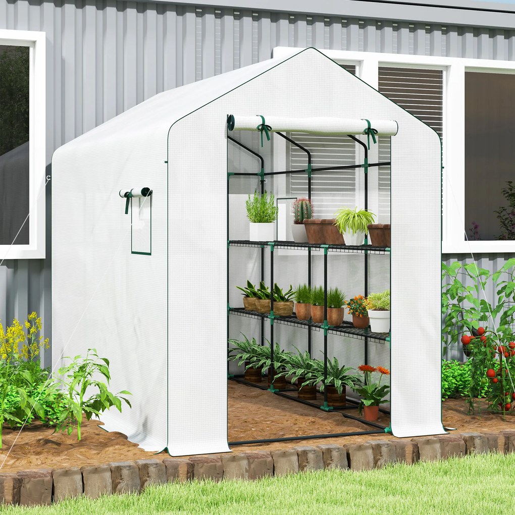 Outsunny Sera de grădină 3 m² cu rafturi 3 niveluri, PE renforcée 135 g/m² anti-UV, ușă rulabilă și ferestre din plasă | Aosom Romania