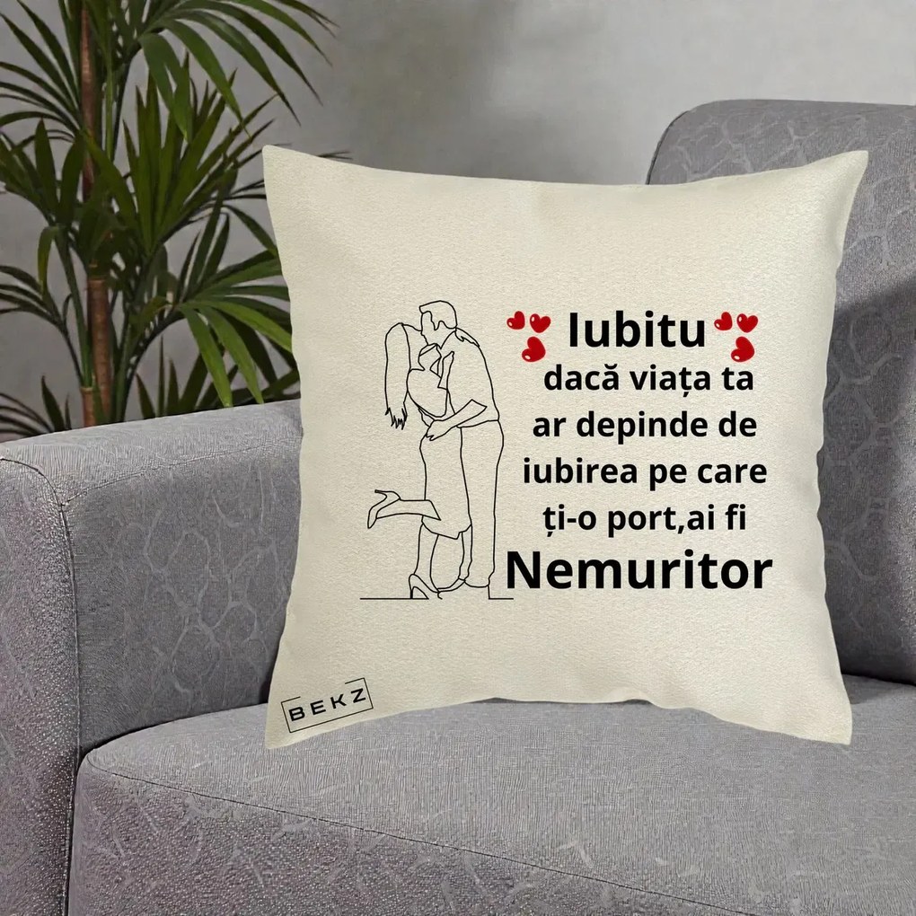 Cadou pentru Iubit - Perna Personalizata Iubitu Nemuritor cu Cuplu Line-Art si Inimi Rosii, 40x40 cm, Ecru, Husa Detasabila, Perna Inclusa, BEKZ®