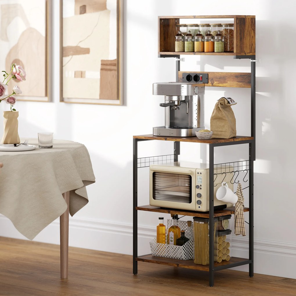 HOMCOM Raft de bucătărie, raft vertical cu 5 cârlige în S, 5 rafturi, priză, din oțel, Maro-rustic, 60 x 42 x 153 cm | Aosom Romania