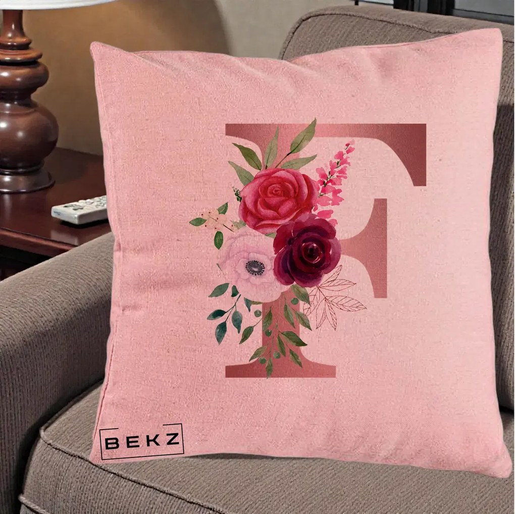 Cadou Personalizat - Perna Personalizata Monograma Rose Gold Litera F, 40x40 cm, Roz, Husa Detasabila, Perna Inclusa, BEKZ®