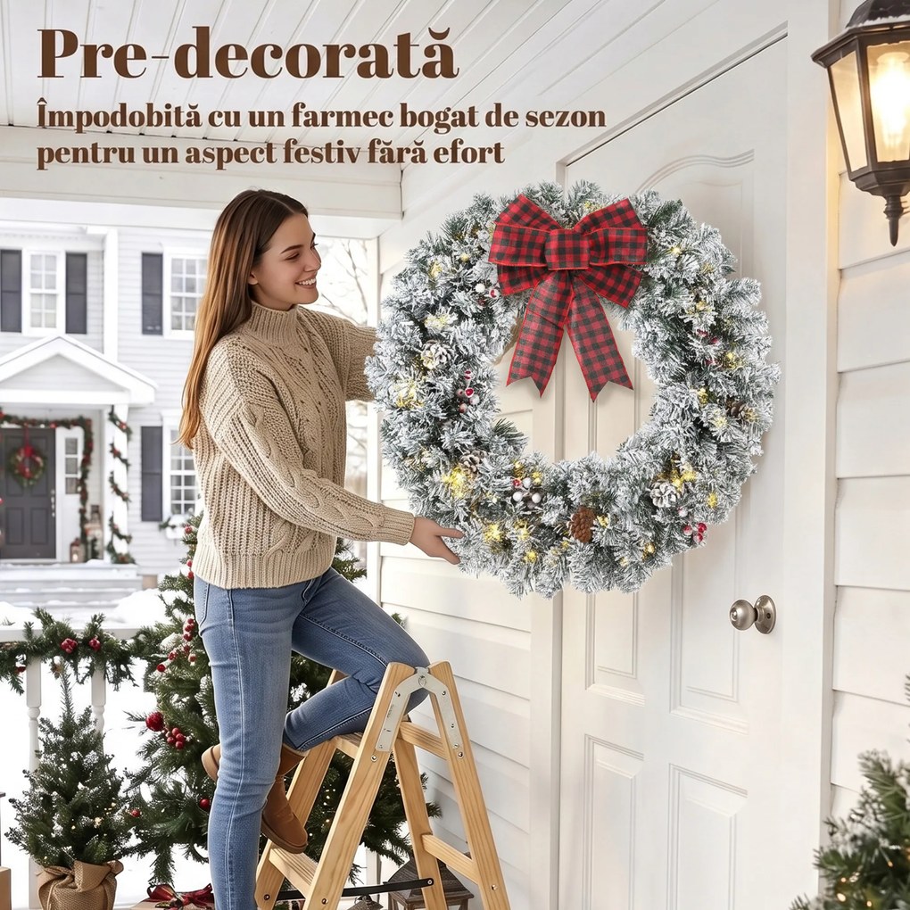 HOMCOM Coroniță de Crăciun 60 cm cu Lumini LED, Fundă în Carouri, Conuri de Pin și Bobițe, Verde | Aosom Romania