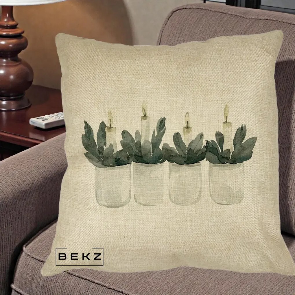 Perna Decorativa Lumanari in Borcane cu Eucalipt, 40x40 cm, Crem, Husa Detasabila, Perna Inclusa, BEKZ®