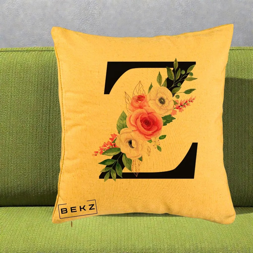 Cadou Personalizat - Perna Personalizata Monograma Florala Litera Z cu Buchet, 40x40 cm, Galben, Husa Detasabila, Perna Inclusa, BEKZ®