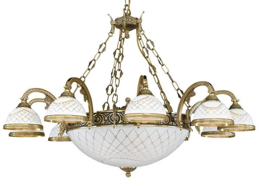 Candelabru cu 10 brate clasic design italian din alama, sticla 7002 RA-L. 7002/10+4