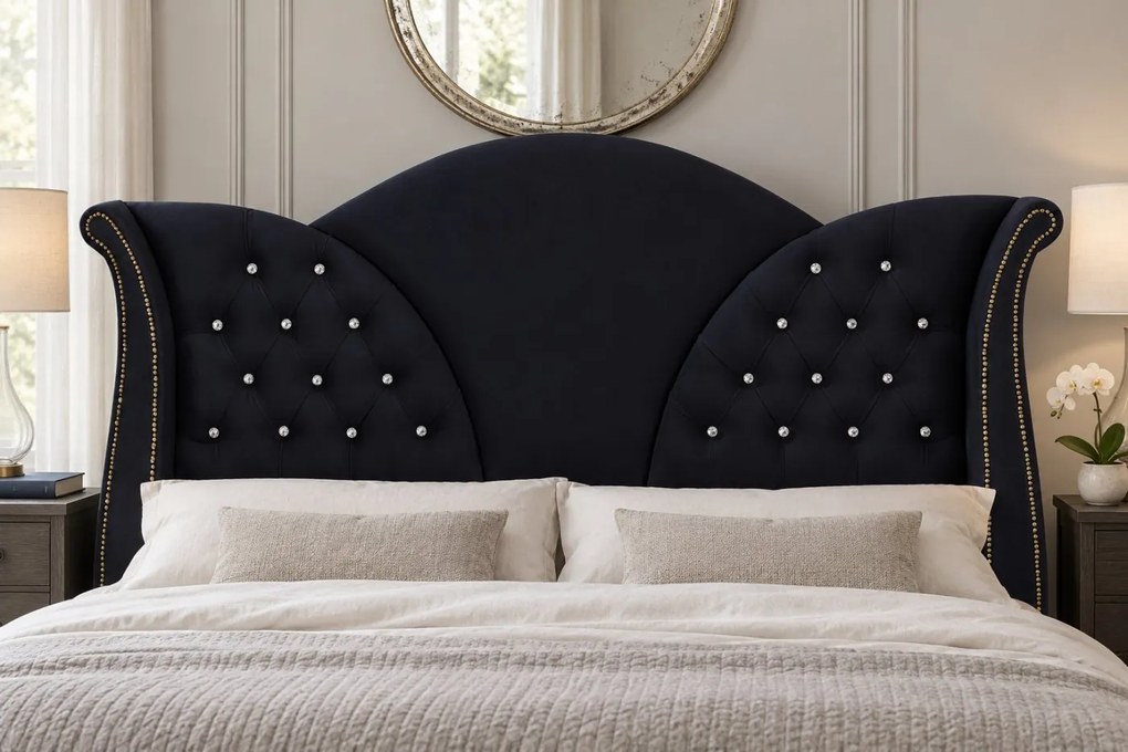 Pat tapițat Chesterfield din catifea Velora Cristal 160×200 cm, negru, cu ladă de depozitare