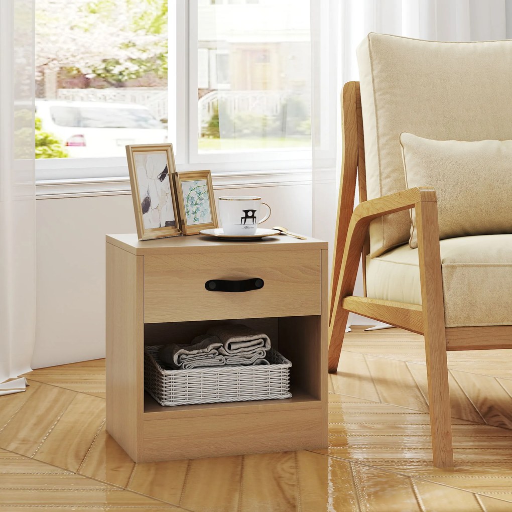 HOMCOM Set de 2 Noptiere cu Sertar și Compartiment Deschis pentru Sufragerie 39x28x41 cm Natural | Aosom Romania