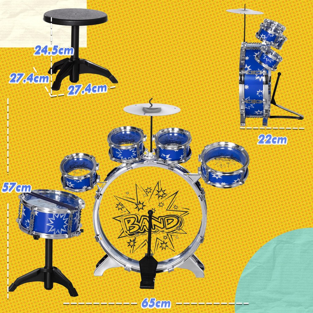 AIYAPLAY Set de Tobe cu Pedală, Tobe Medii și Mici, Ciocan și Scaun pentru Copii de 3-6 Ani, 65x22x57 cm, Albastru | Aosom Romania