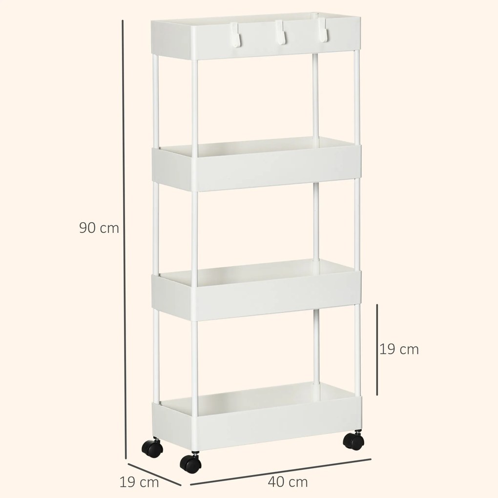 HOMCOM Cărucior Bucătărie Multifuncțional cu 4 Polițe și 3 Cârlige, Oțel și Plastic, 40x19x90 cm, Alb | Aosom Romania