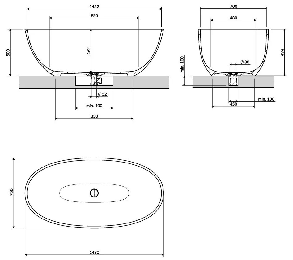 Omnires Shell M+ cada freestanding 148x75 cm ovala SHELL148WWAG