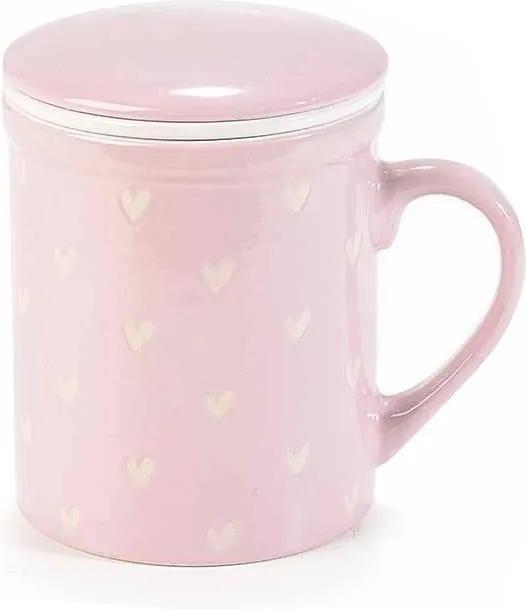 Cana cu capac si infuzor din ceramica roz alb Ø 8 cm x 10,5 h