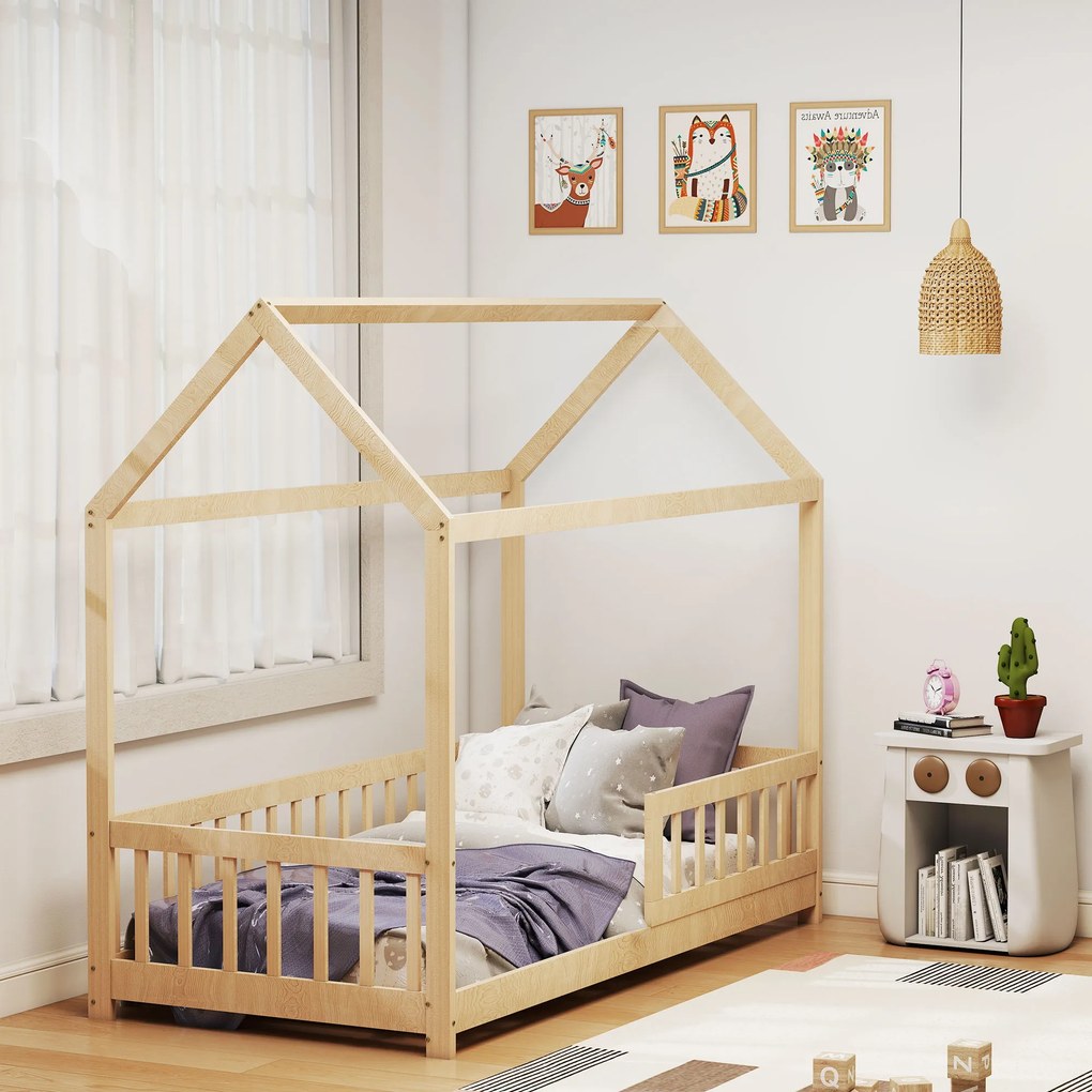 HOMCOM Pat pentru Copii din Lemn de Pin, 96x195x165 cm, Culoare Lemn | Aosom Romania