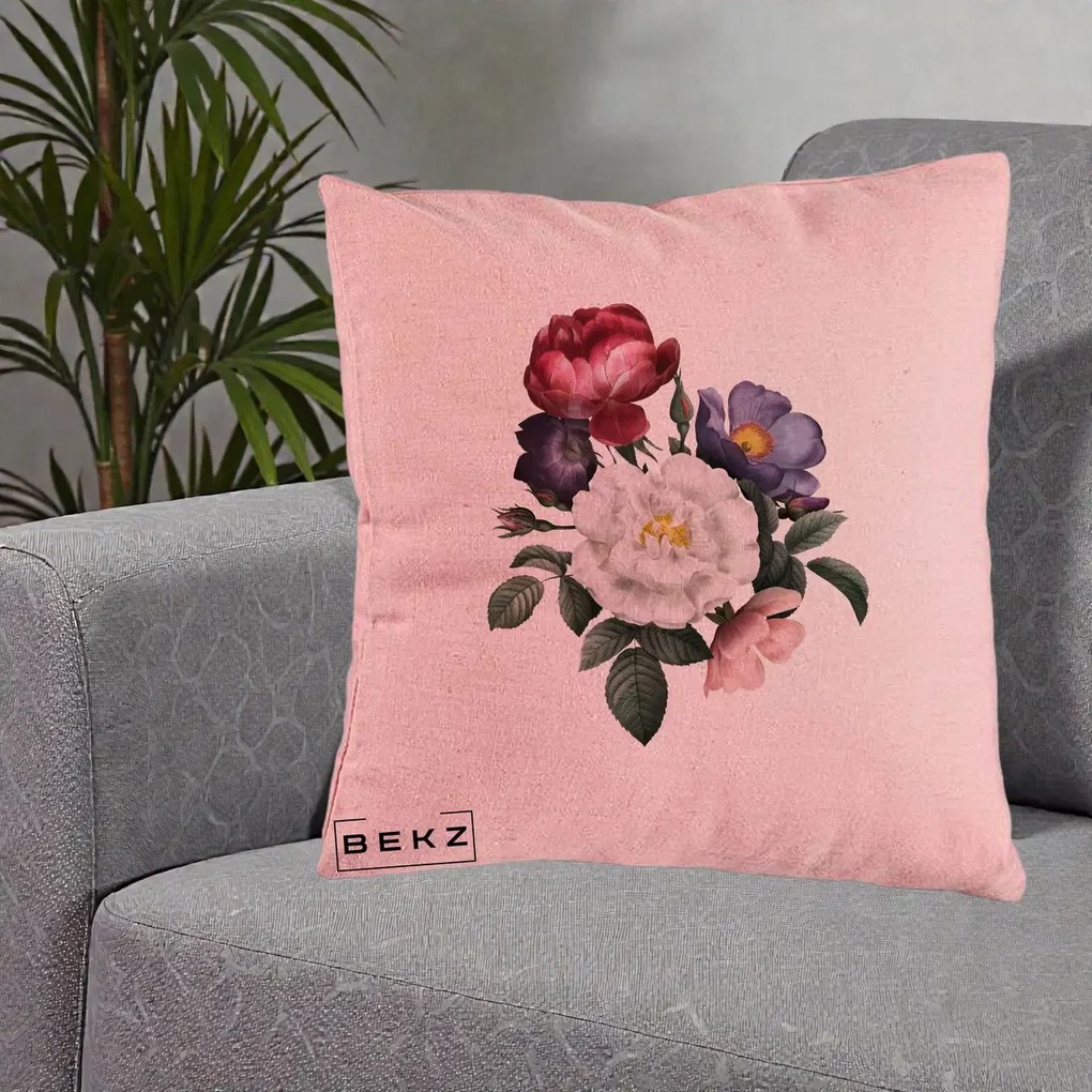 Perna Decorativa Buchet Trandafiri Bujori Botanical, 40x40 cm, Roz, Husa Detasabila, Perna Inclusa, BEKZ®
