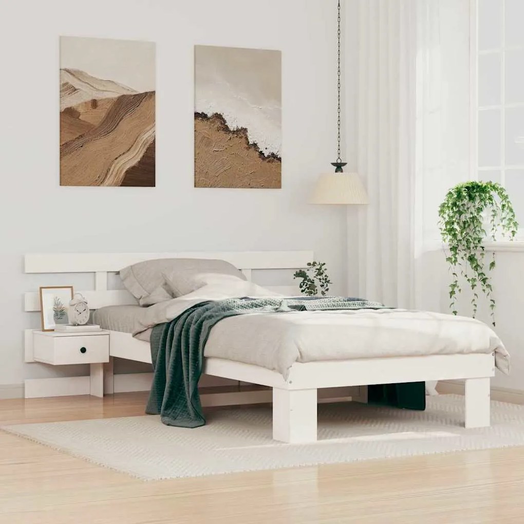 vidaXL Cadru de pat cu sertar cu headboard Alb 75 x 190 cm Lemn de brad solid