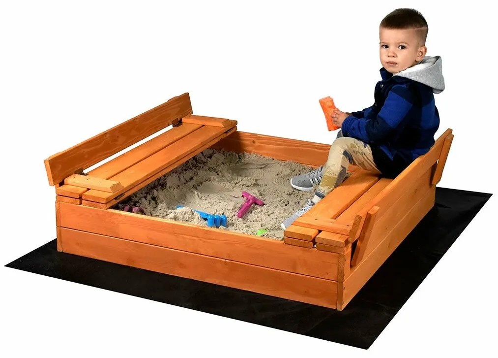 Baby Mix Groapă de nisip din lemn pentru copii cucapac și bănci, 100 x 100 cm
