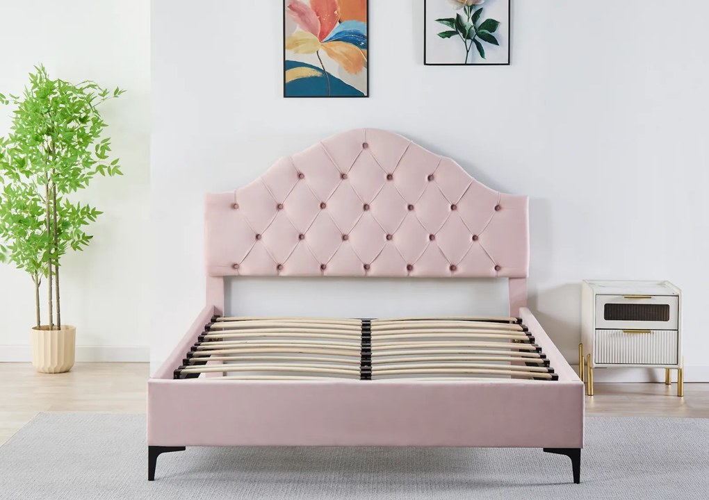 Pat Tapitat Catifea Roz 140x200 cm cu Somiera si Saltea Inclusa ,   Cod FB-227