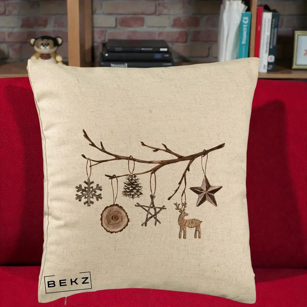 Perna Decorativa Ornamente de Lemn pe Ramura, 40x40 cm, Bej, Husa Detasabila, Perna Inclusa, BEKZ®