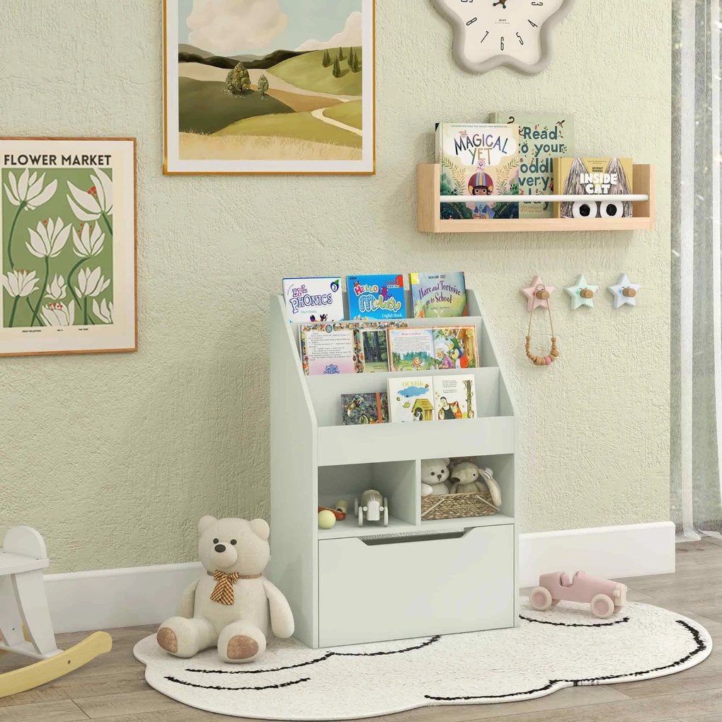HOMCOM Bibliotecă pentru Copii cu Rafturi și Sertar, Raft Mobil pentru Jucării și Cărți, Dimensiuni 60x29.9x90 cm, Verde Strălucitor | Aosom România