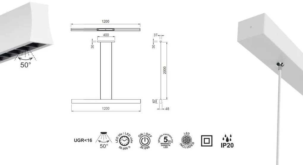 Lustra LED suspendata design liniar HANOK 38W 4000K alba