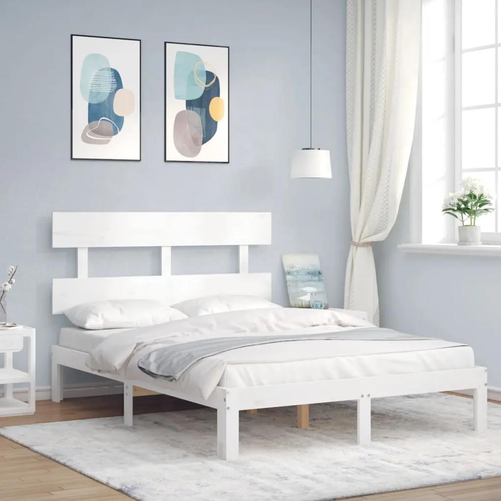 3193507 vidaXL Cadru de pat cu tăblie, dublu, alb, lemn masiv