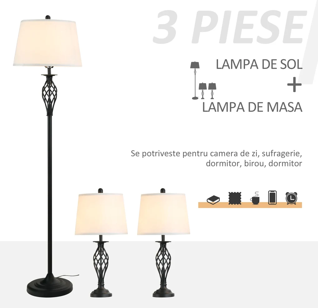 HOMCOM Set 3 Lampi pentru Interior (2 de Masa si 1 de Podea), Design Modern, pentru Living sau Dormitor | Aosom Romania