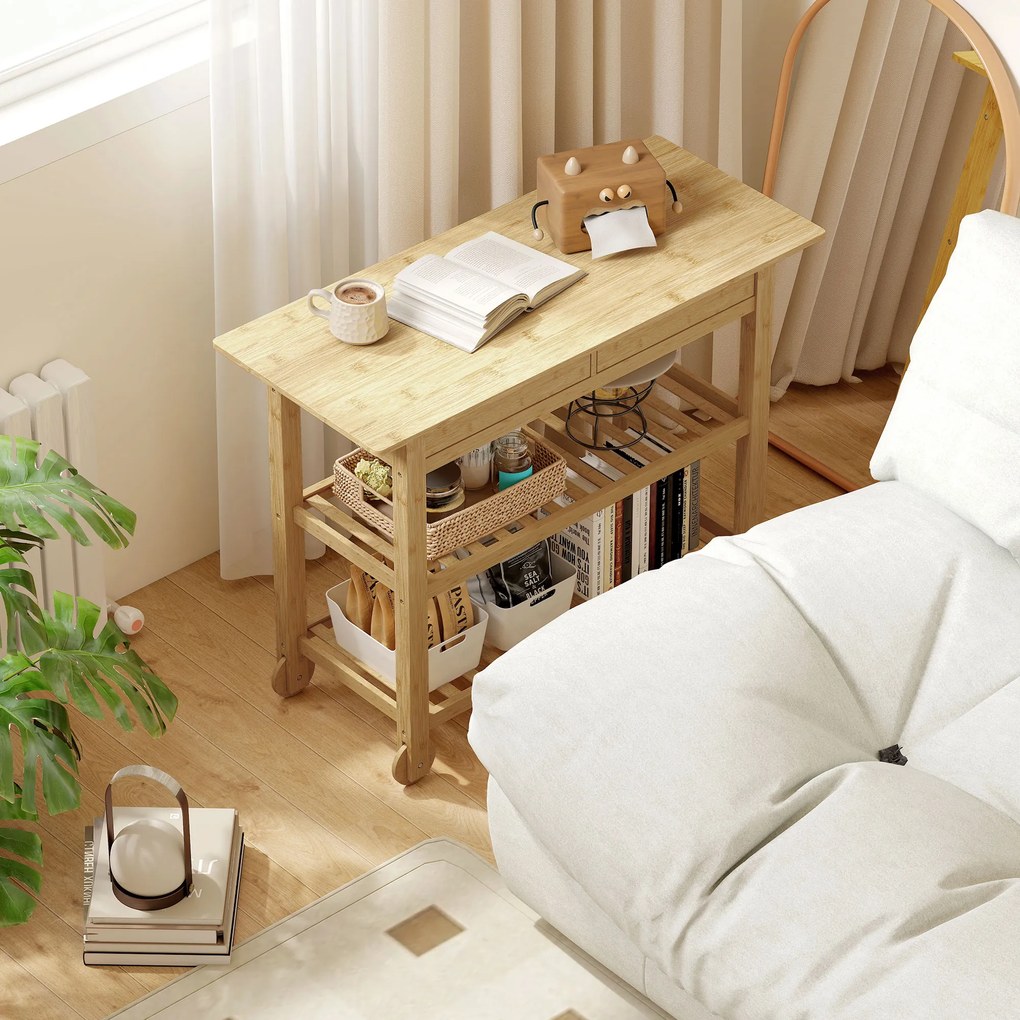 HOMCOM Cărucior de Bucătărie din Lemn de Bambus cu 2 Sertare, 2 Rafturi și 2 Roți, 100x43x75 cm, Lemn | Aosom Romania