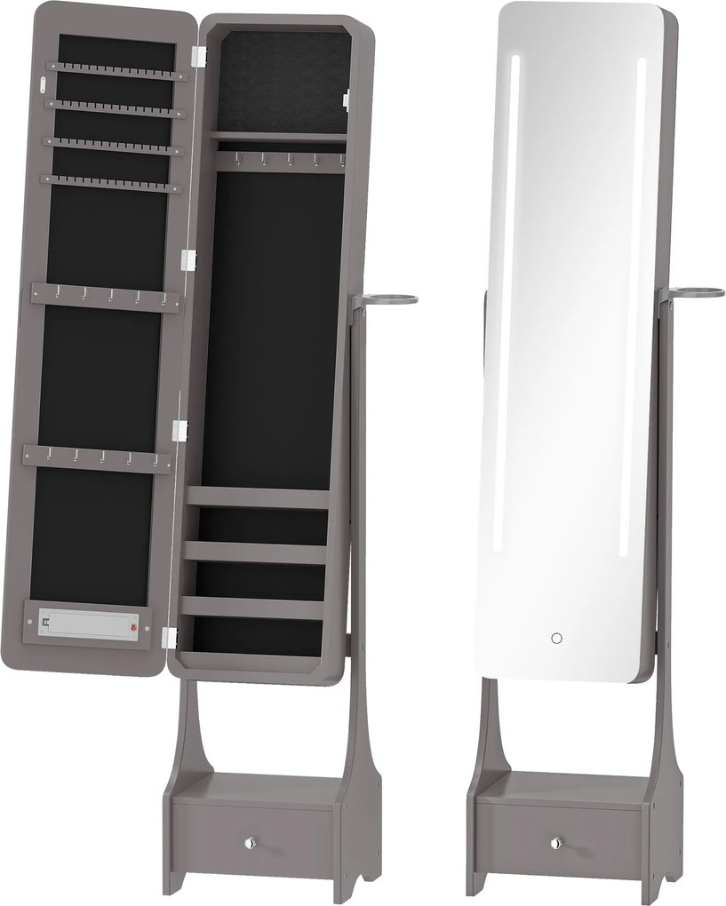 HOMCOM Oglindă-dulap pentru bijuterii cu lumini LED Dulap bijuterii cu oglindă full-length reglabilă pe unghi Sertar Oprire automată a luminilor Gri | Aosom Romania