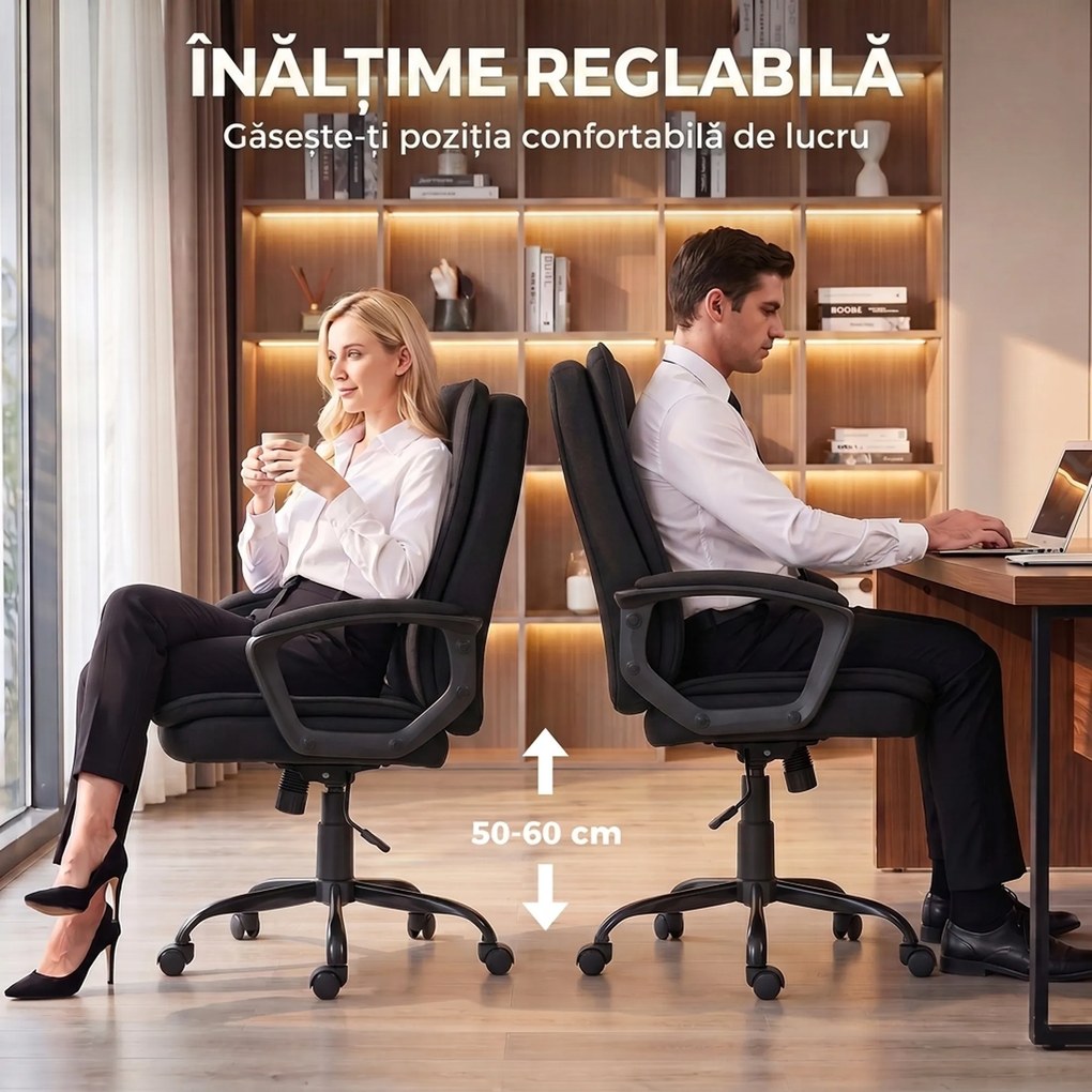 HOMCOM Scaun de Birou Ergonomic din Material Tip In, Înălțime Reglabilă, Funcție de Balansare, 120 kg, Negru | Aosom Romania