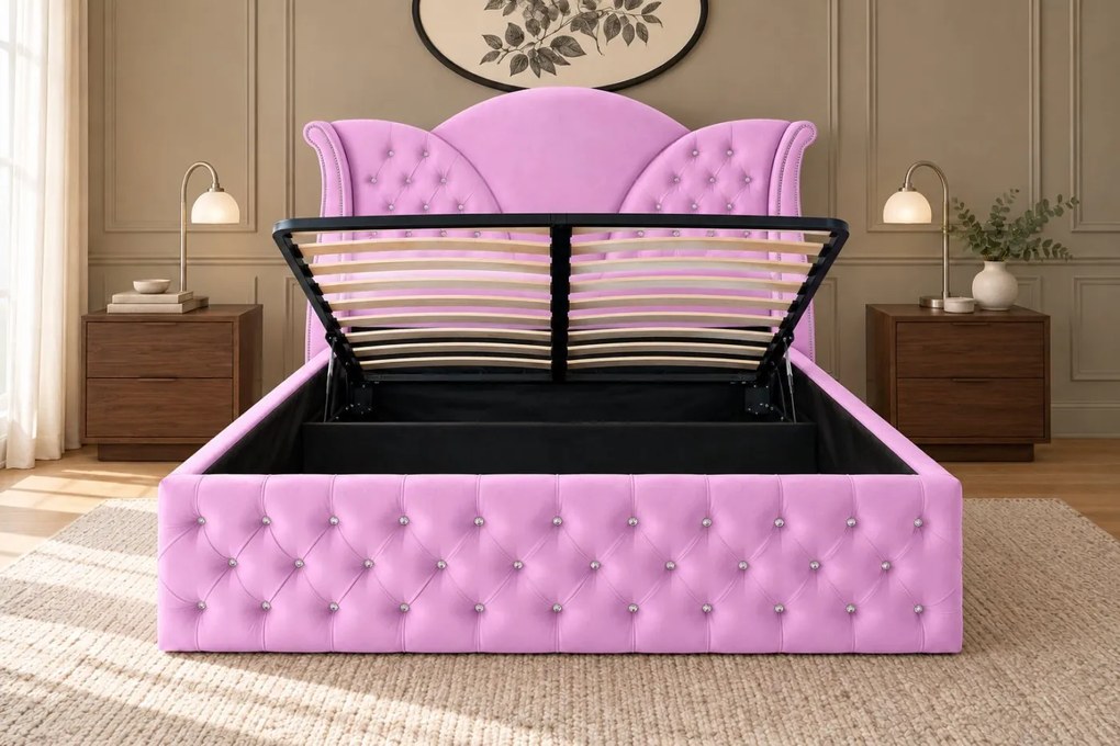 Pat tapițat Chesterfield din catifea Velora Deluxe 180×200 cm, lila, cu ladă de depozitare