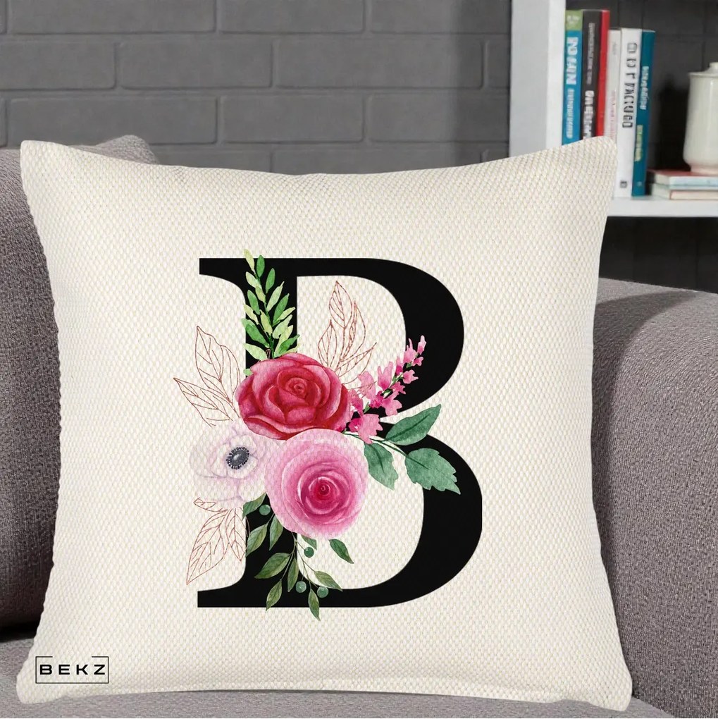Cadou Personalizat - Perna Personalizata Monograma Florala Litera B, 40x40 cm, Crem Reliefat, Husa Detasabila, Perna Inclusa, BEKZ®