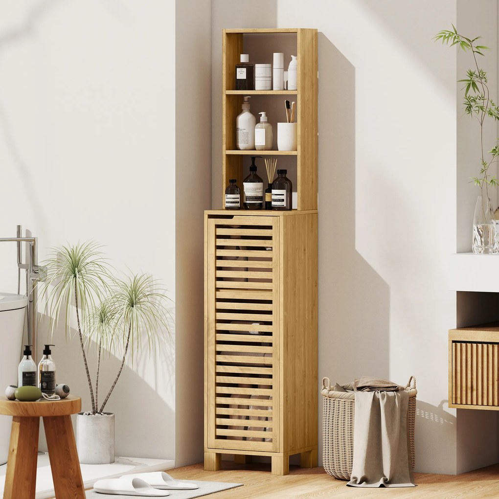 HOMCOM Dulap înalt pentru baie din bambus Coloană îngustă cu 3 polițe deschise Ușă cu lamele Rafturi reglabile 34x30x170 cm Natural | Aosom Romania