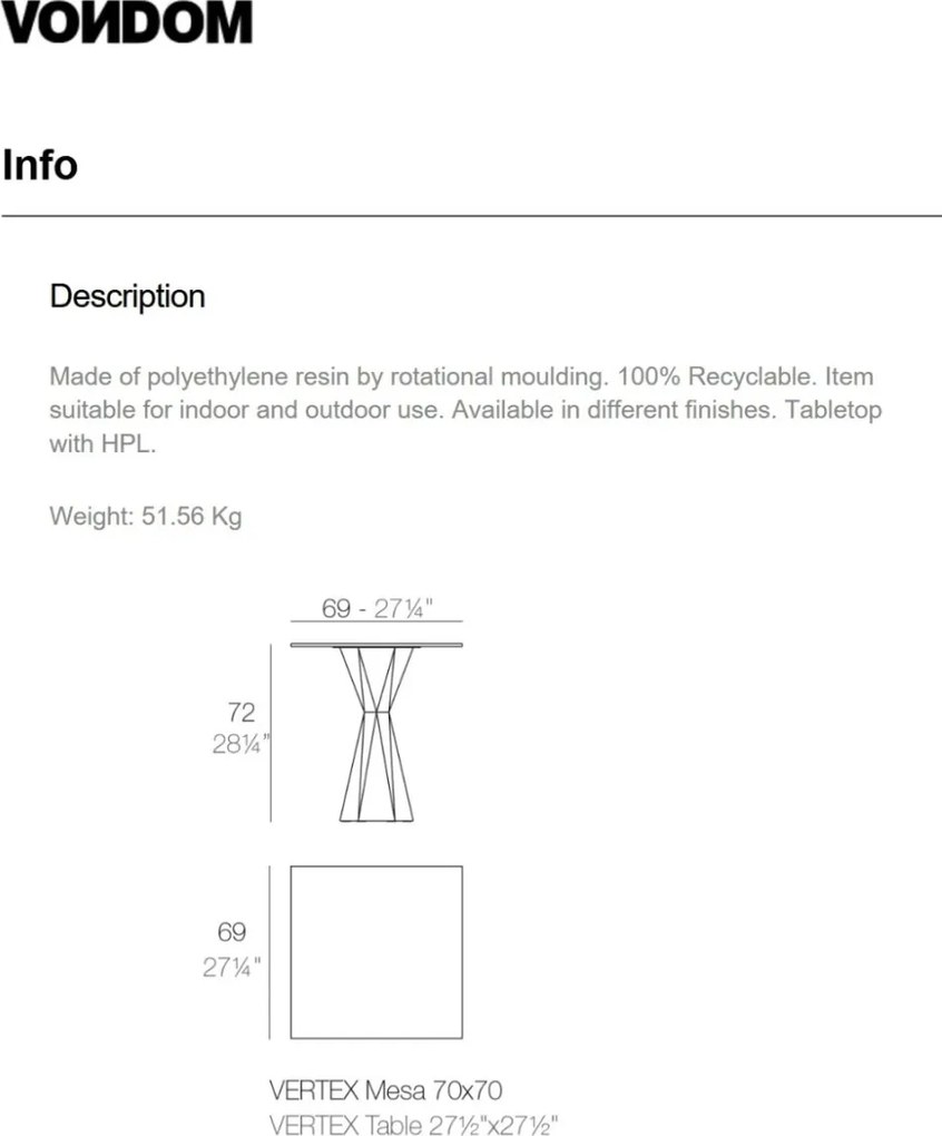 Masa de exterior / interior design modern premium VERTEX 70x70cm
