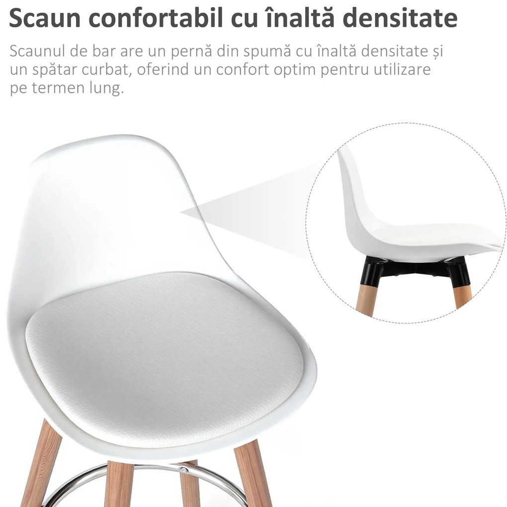 HOMCOM Set de 2 Scaune Înalte de Bar cu Spătar, Scaune Înalte cu Pernă și Pernițe pentru Picioare, 38,5x42,5x91 cm, Alb | Aosom Romania