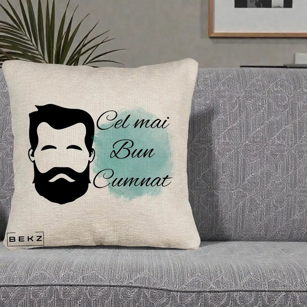 Cadou pentru Cumnat - Perna Personalizata Cel mai Bun Cumnat cu Portret Barbat si Pete Teal, 40x40 cm, Bej Canapea, Husa Detasabila, Perna Inclusa, BEKZ®