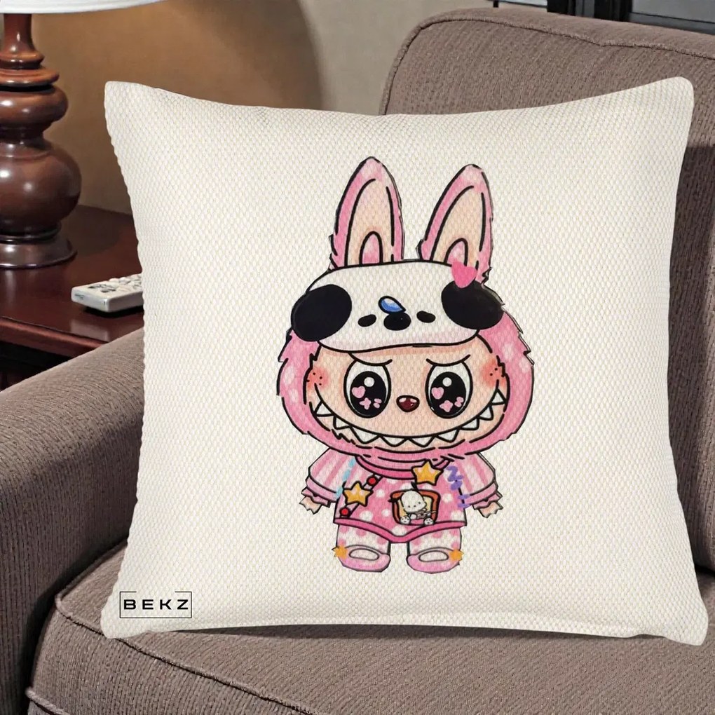 Perna Personalizata Labubu Panda-Bunny Roz, 40x40 cm, Crem Reliefat, Husa Detasabila, Perna Inclusa, BEKZ®
